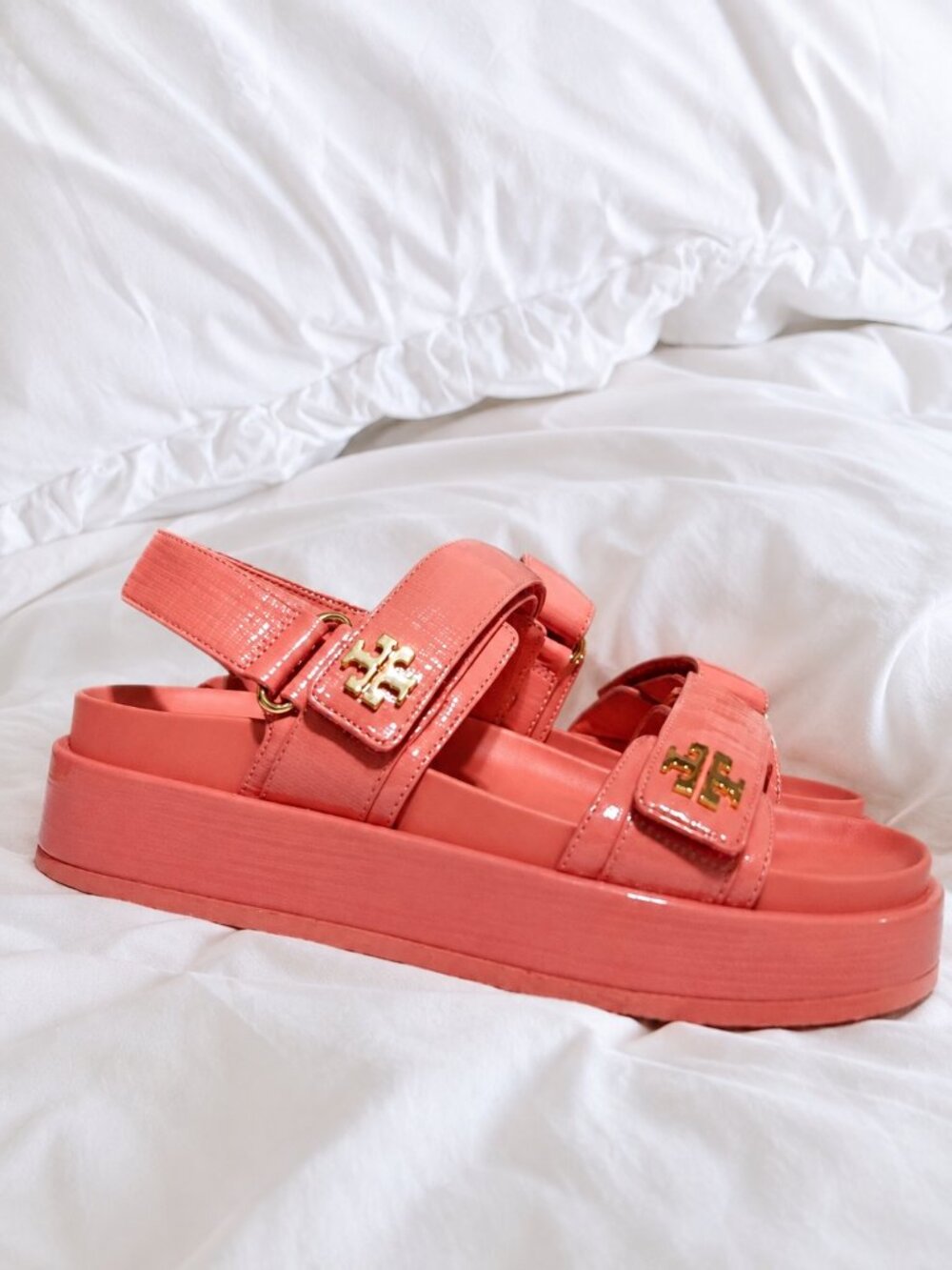 Tory Burch Coral Patent Double-Strap Sandals with Gold Logo